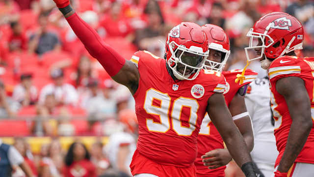 Aug 26, 2023; Kansas City, Missouri, USA; Kansas City Chiefs defensive end Charles Omenihu (90) celebrates after a sack against the Cleveland Browns during the first half at GEHA Field at Arrowhead Stadium. Mandatory Credit: Denny Medley-USA TODAY Sports  